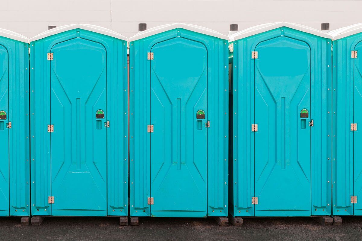 Industrial portable restroom units at a plant in Philadelphia, Pennsylvania
